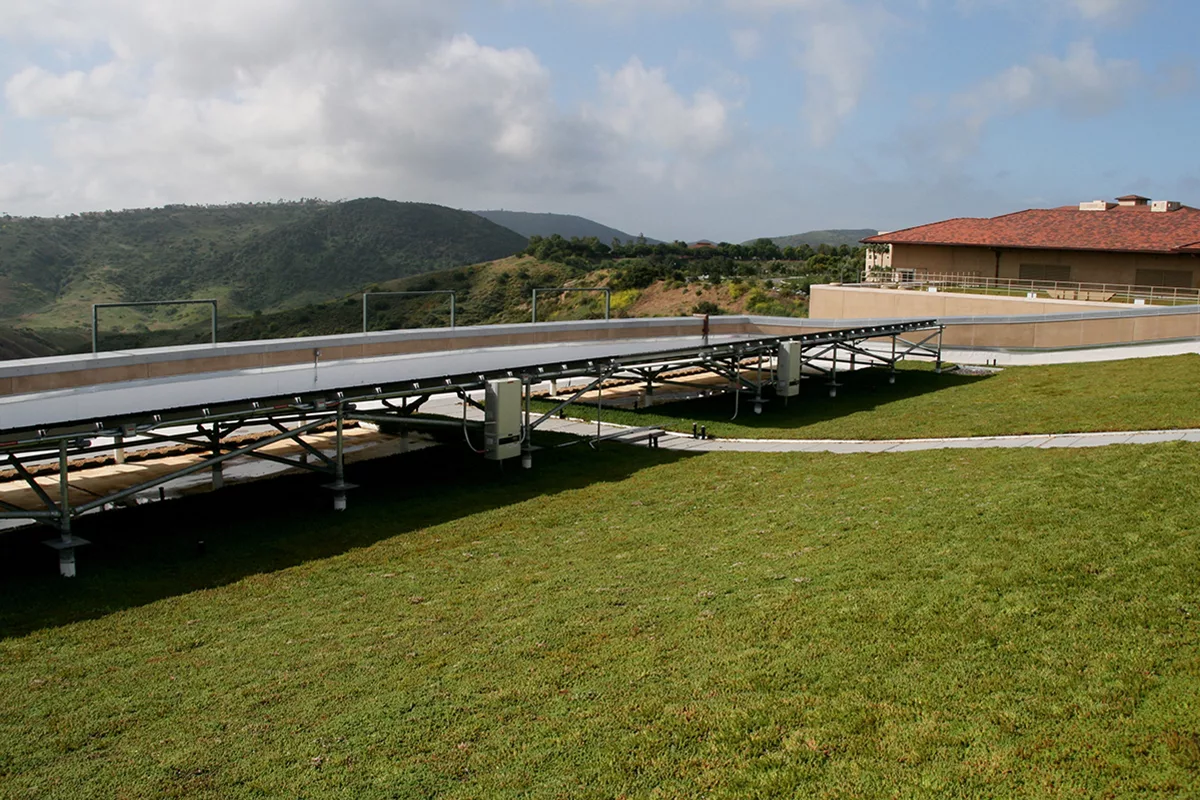 A green roof system with solar panels.